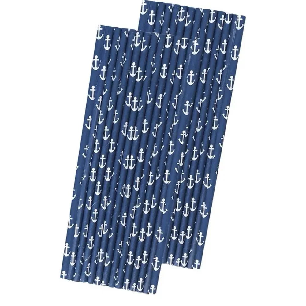 Anchor Nautical Themed Paper Straws - Navy Blue White - 7.75 Inches - 75 Pack